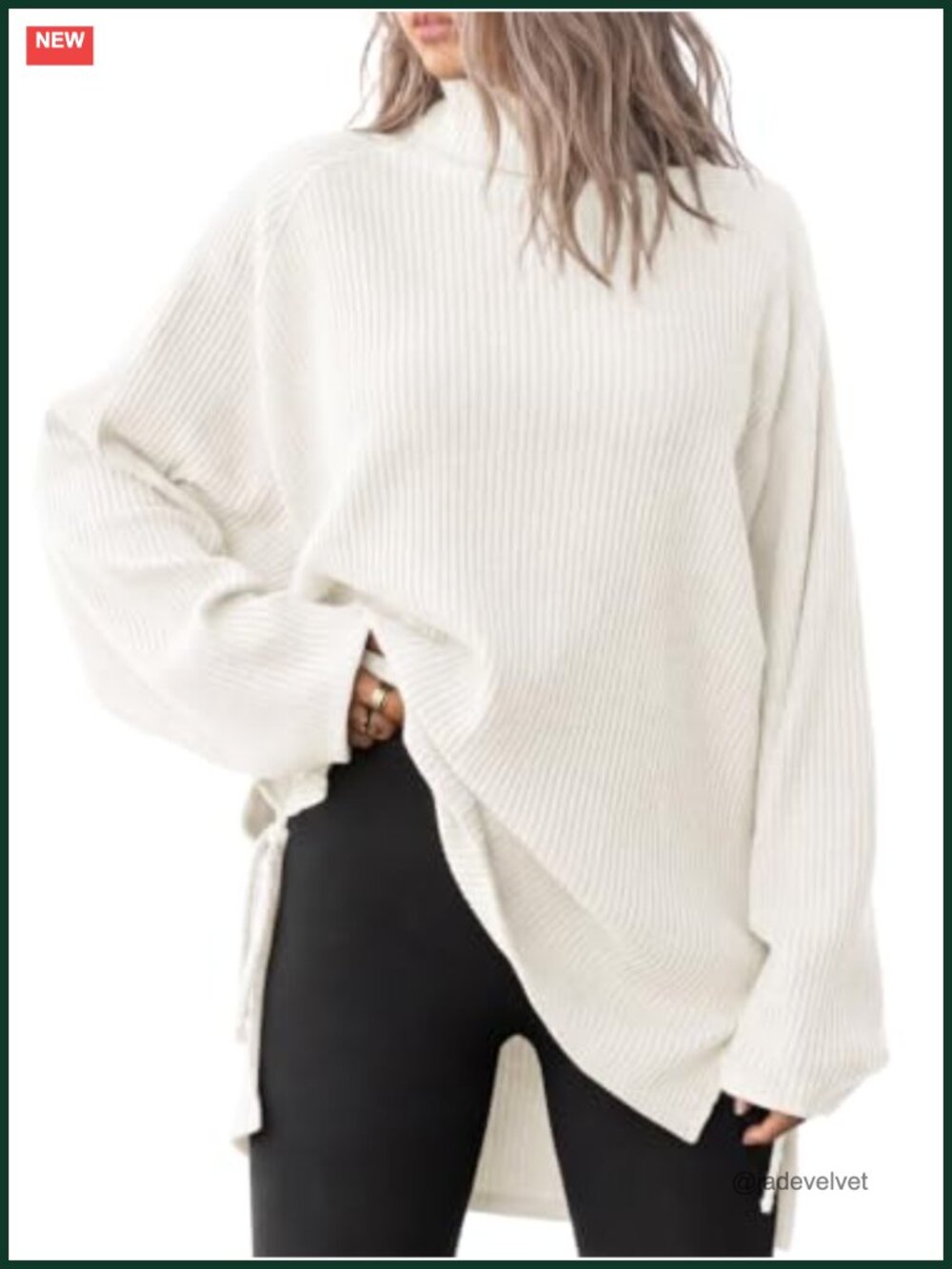 Oversized Ribbed Knit Turtleneck Sweater with Side Slits